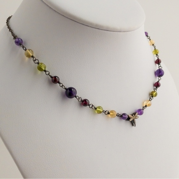 Sterling Silver Necklace Multicoloured Gemstones Dragonfly Charm Pendant Vintage - Picture 8 of 12